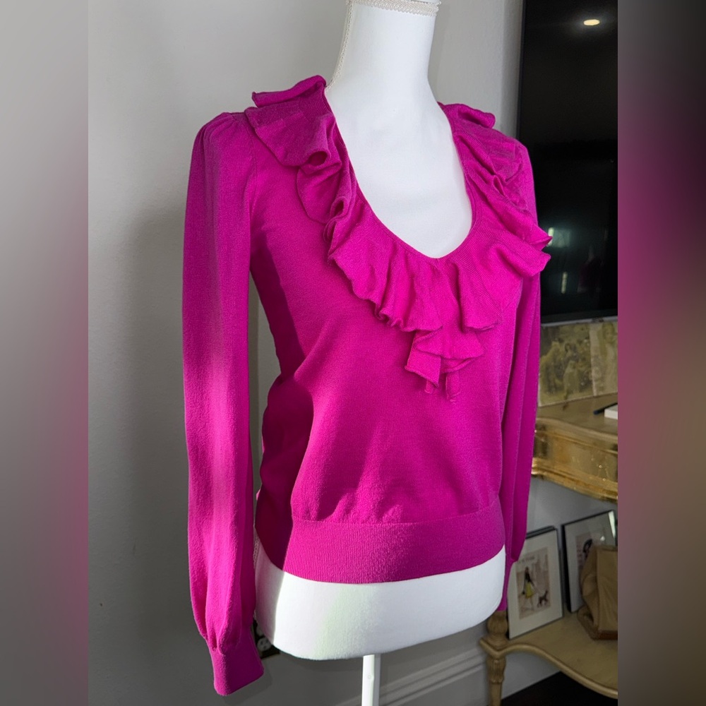 Ralph Lauren Pink V-Neck Sweater with Ruffle Detail